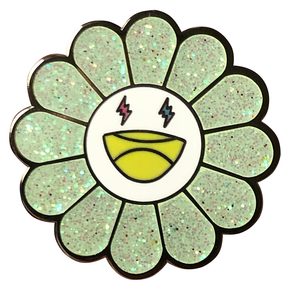 Happy Flower Pin; Green Glitter